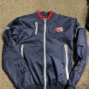 Men's Navy Bomber Jacket with Red and White Details